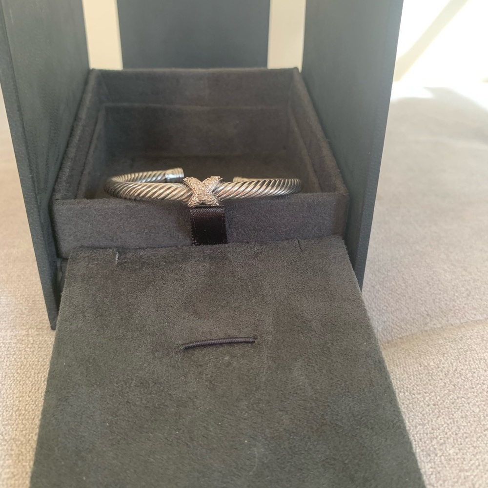 David Yurman Sterling silver 925 and 18k white gold diamond X cable bracelet